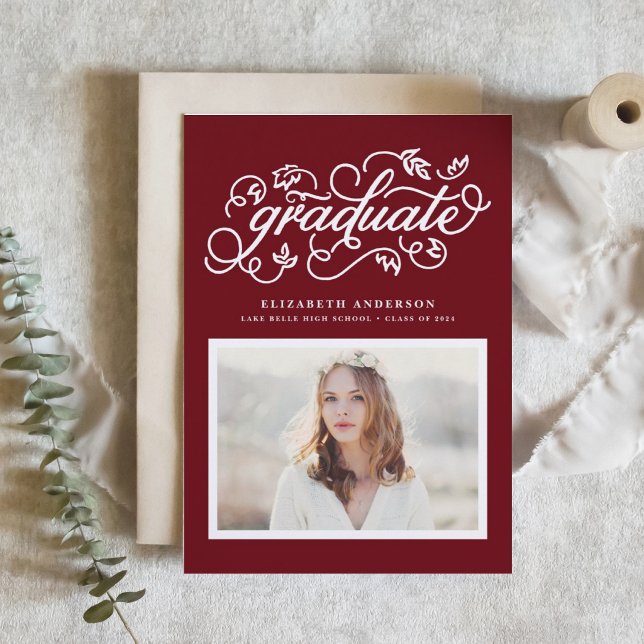 Rustic Calligraphy Burgundy Photo Graduation Invitation (Customizable class of 2026 photo graduation invitation featuring rustic modern calligraphy. )