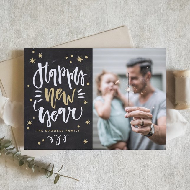 Rustic Calligraphy Chalkboard Photo Happy New Year Holiday Card (Rustic Calligraphy Chalkboard Photo Happy New Year Holiday Card)