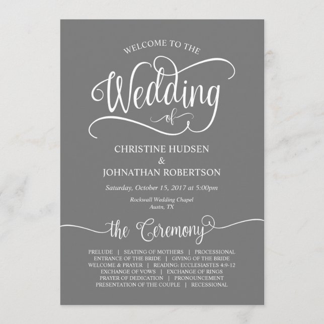 Rustic Calligraphy, Grey font, Wedding Ceremony Programme (Front)