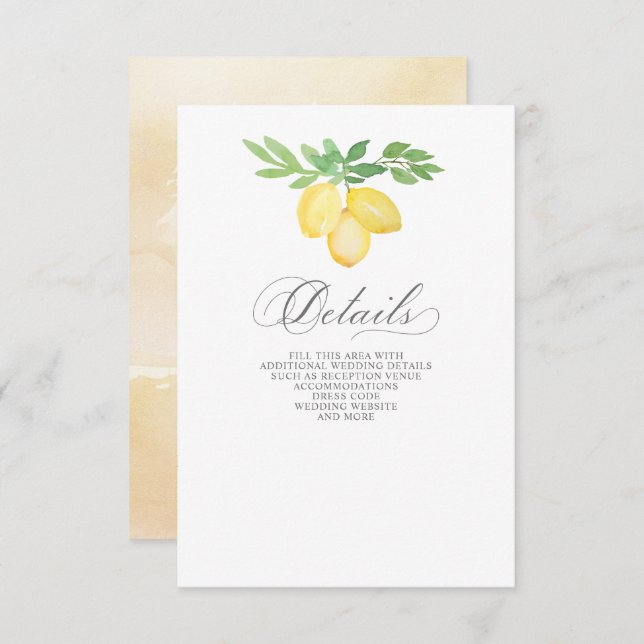 Rustic Calligraphy Lemon Citrus Summer Wedding Enclosure Card (Front/Back)