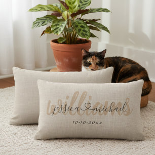 Rustic Calligraphy Names Joined by Heart Wedding Lumbar Cushion