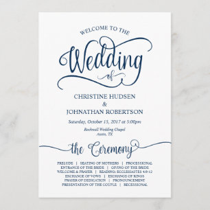 Rustic Calligraphy, Navy Blue, Wedding Ceremony Programme