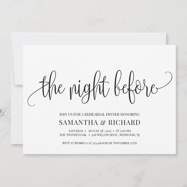 Rustic calligraphy the night before rehearsal invitation (Front)