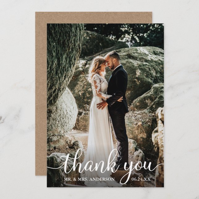Rustic Calligraphy Wedding Thank You Kraft Card (Front/Back)