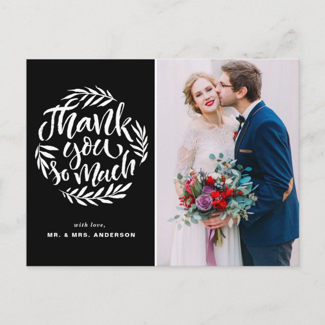 Rustic Calligraphy Wreath Black Wedding Photo Postcard (Front)