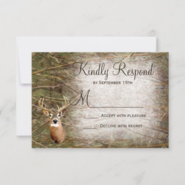 Rustic Camo Hunting Deer Antlers Wedding RSVP Card (Front)