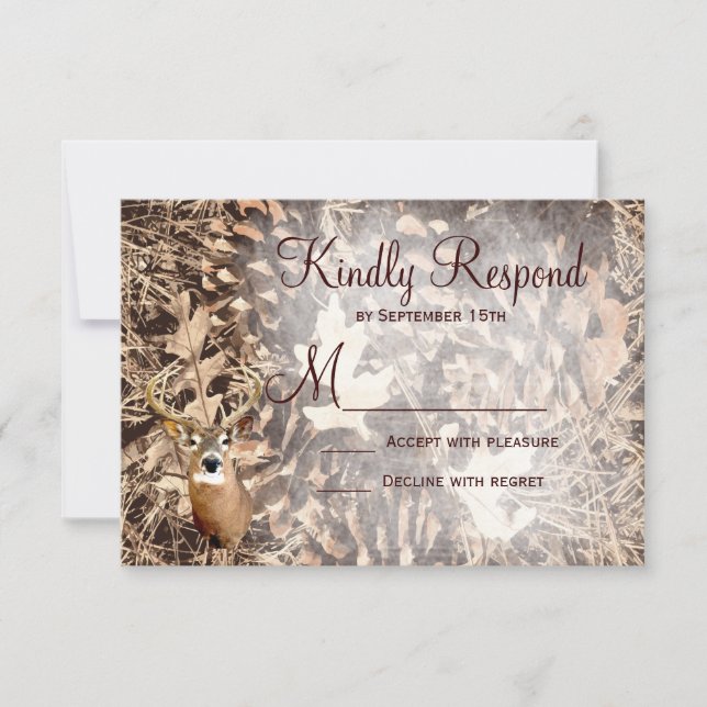 Rustic Camo Hunting Deer Antlers Wedding RSVP Card (Front)