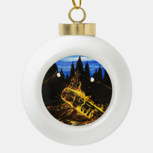 Rustic Campfire Sunset Scene for Cosy Camping Ceramic Ball Christmas Ornament