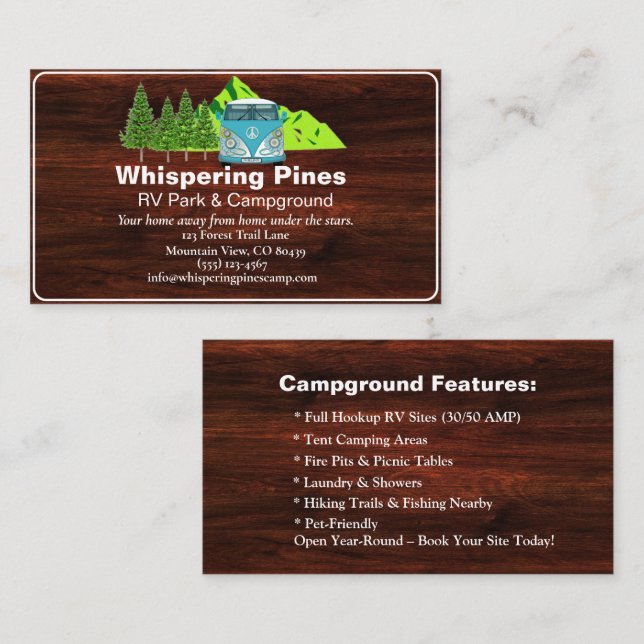 Rustic Campground RV Park Contact Design Business Card (Front/Back)