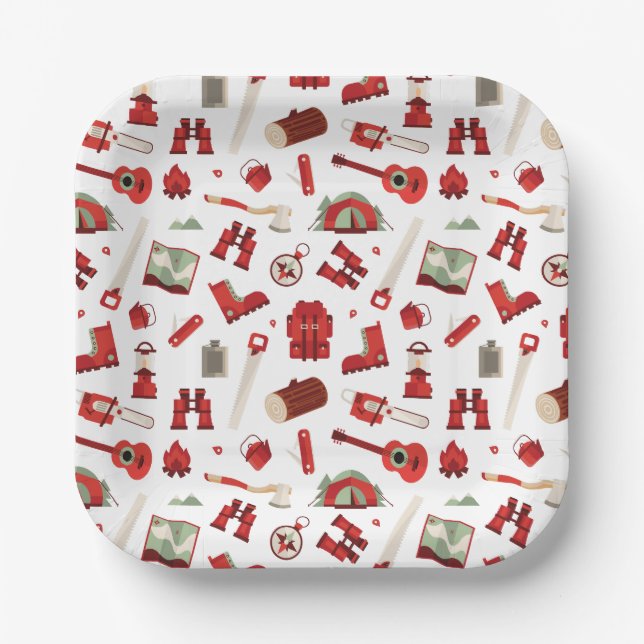 Rustic Camping Icons with Festive Adventure Theme Paper Plate (Front)