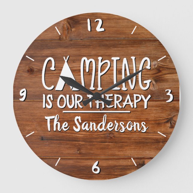 Rustic Camping is Our Therapy Tent Family Name Large Clock (Front)