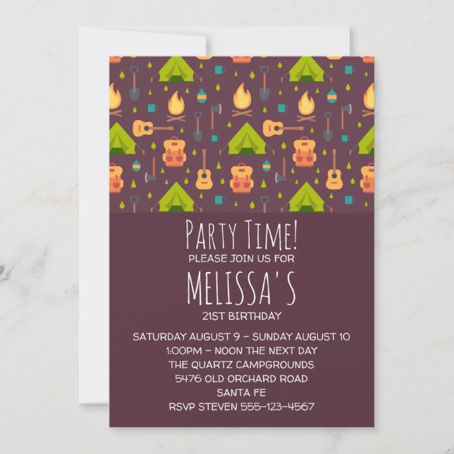 Rustic Camping Pattern Tents and Guitars Birthday Invitation (Front)