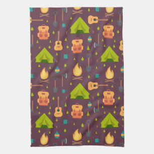 Rustic Camping Pattern Tents and Guitars Tea Towel