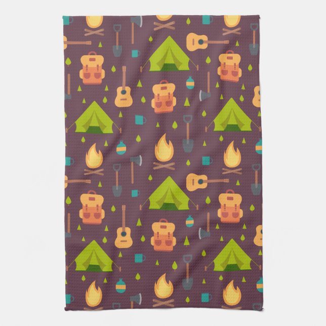 Rustic Camping Pattern Tents and Guitars Tea Towel (Vertical)