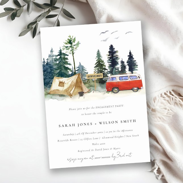 Rustic Camping Watercolor Pine Forest Engagement Invitation (Creator Uploaded)