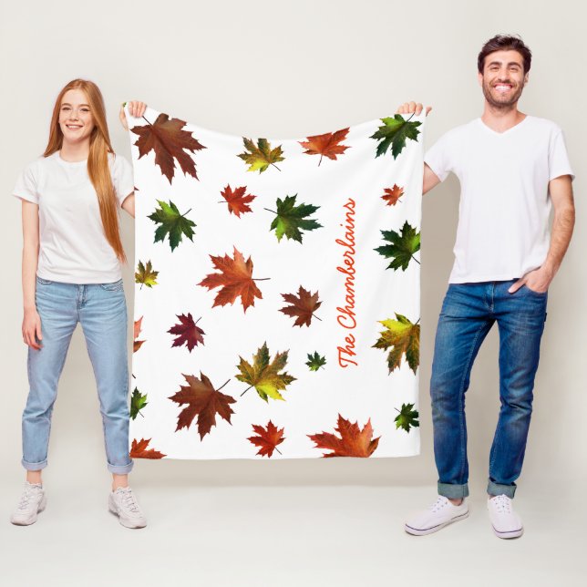 Rustic Canadian Maple Leaf with Your Name on White Fleece Blanket (In Situ)