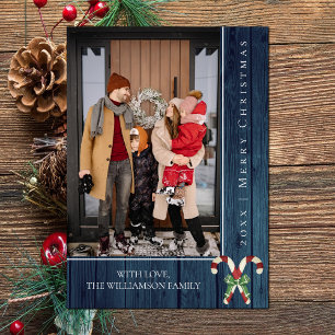 Rustic Candy Canes Christmas Blue Photo Card