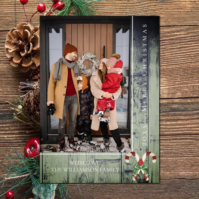 Rustic Candy Canes Christmas | Green Photo Card (Green Rustic Candy Canes Christmas Photo Card)
