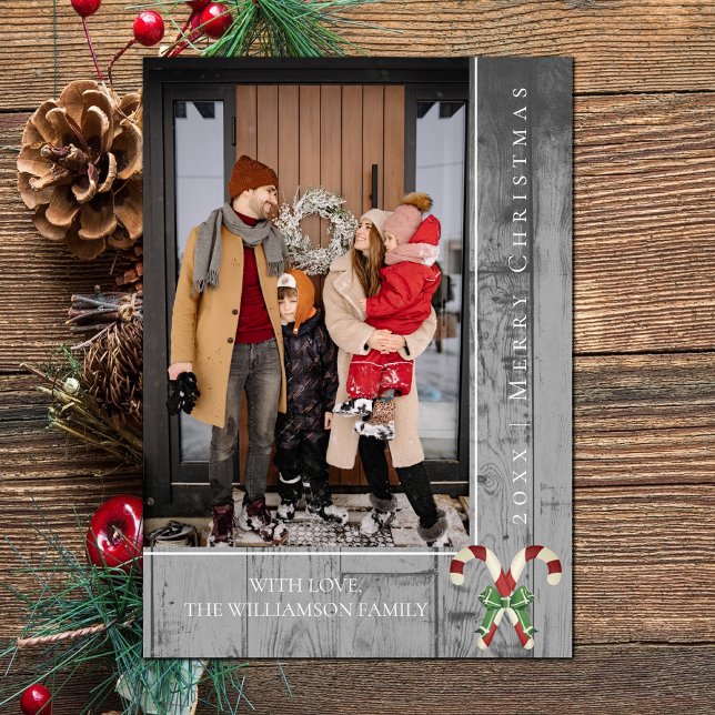 Rustic Candy Canes Christmas | Grey Photo Card (Gray Rustic Candy Canes Christmas Photo Card)