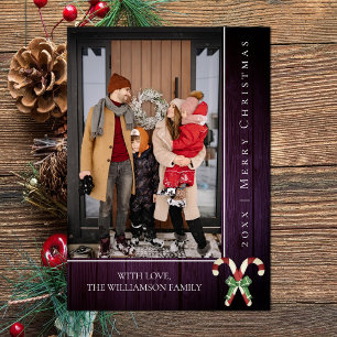 Rustic Candy Canes Christmas   Purple Photo Card
