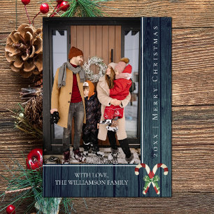Rustic Candy Canes Christmas   Teal Photo Card