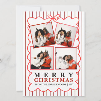 Rustic Candy Stripe 4 Photo Family Christmas Holiday Card