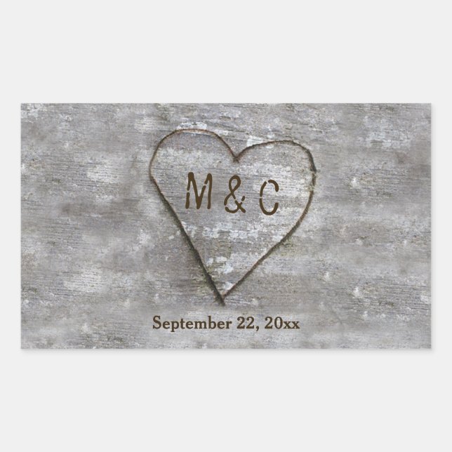 Rustic Carved Birch Heart Monogram Rectangular Sticker (Front)