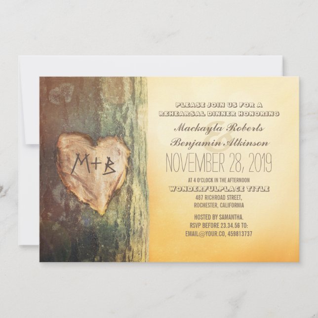 Rustic Carved Heart Tree Rehearsal Dinner Invitation (Front)