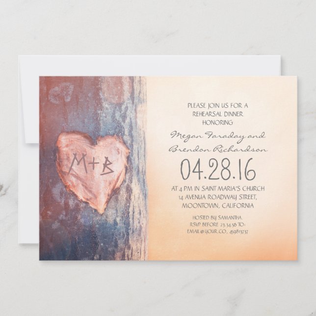 Rustic carved heart tree rehearsal dinner invitation (Front)