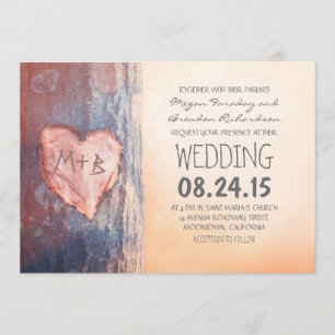 Rustic carved heart tree wedding invites