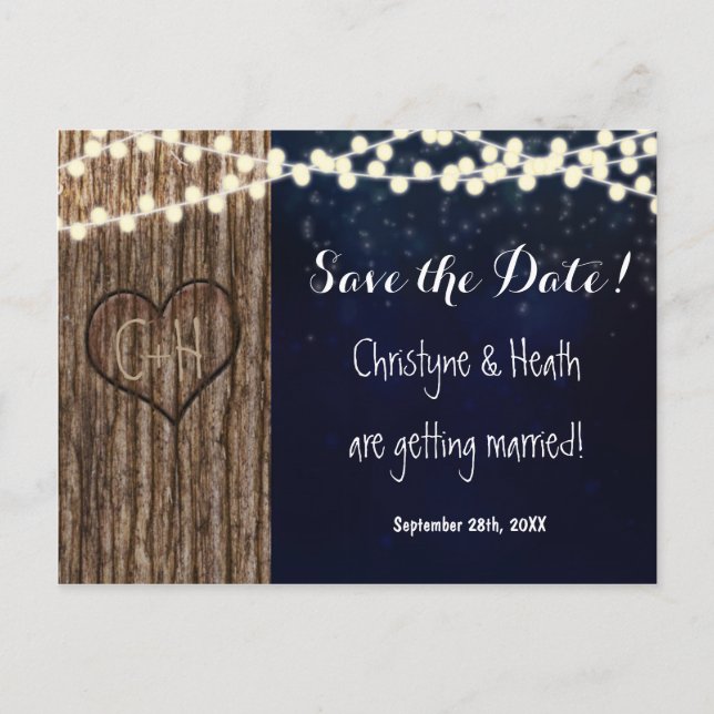 Rustic Carved Tree Heart Save Date Postcard (Front)