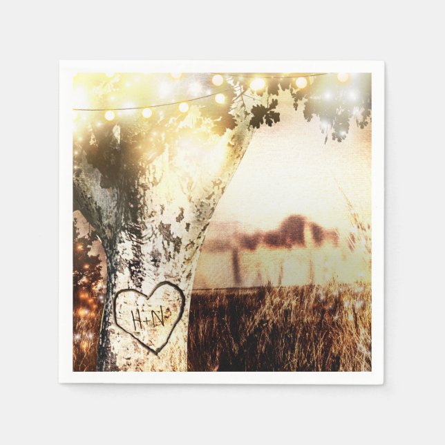Rustic Carved Tree & String Lights Country Wedding Napkin (Front)