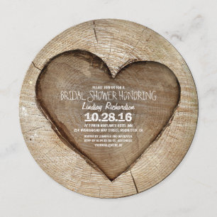 Rustic carved tree wood heart bridal shower invitation