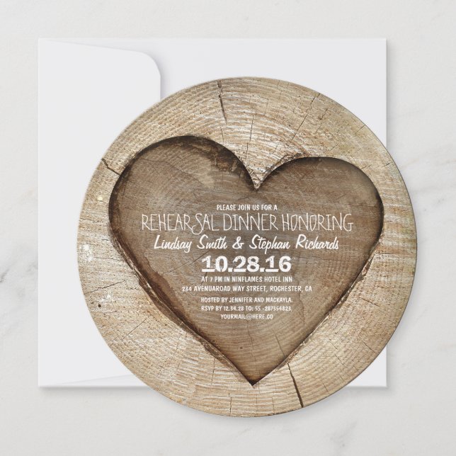 Rustic carved tree wood heart rehearsal dinner invitation (Front)