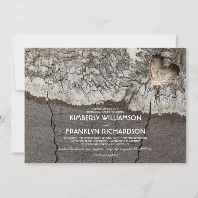 Rustic Carved Wood Heart Tree Rehearsal Dinner Invitation (Front)