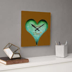 Rustic Carved Wood Look Couples Names Square Wall Clock