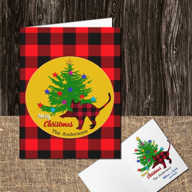 Rustic Cat, Christmas Tree, Family name, Red Plaid Card (Creator Uploaded)