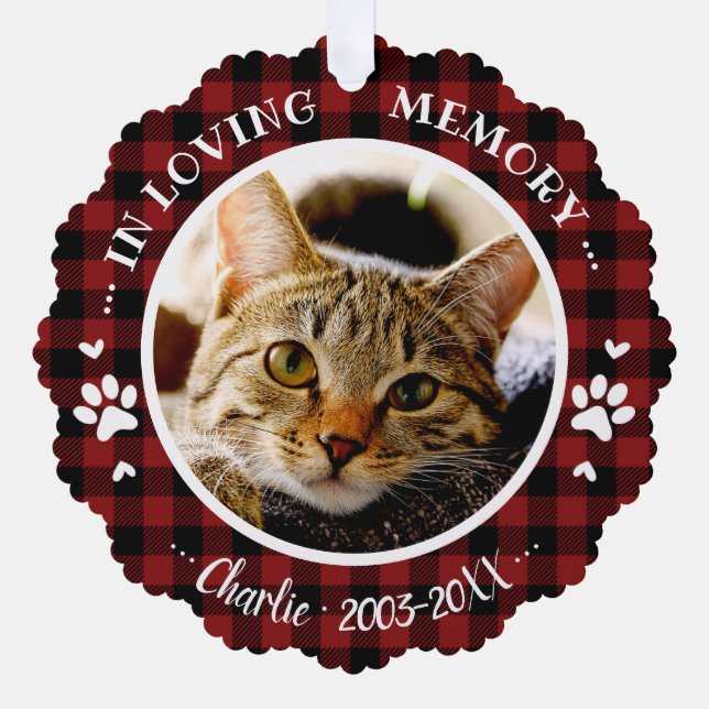 Rustic Cat Memorial Photo Ornament Card (Front)