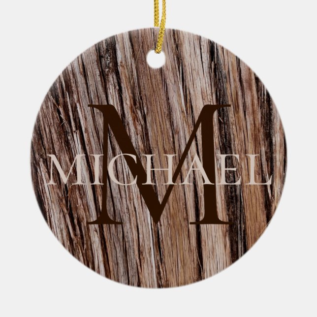 Rustic cedar bark nature tree outdoors monogram ceramic tree decoration (Front)