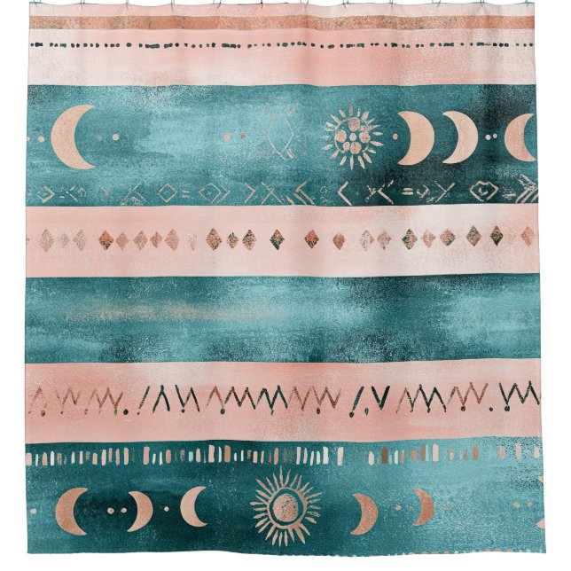 Rustic Celestial Stripe Moon Sun Earthy Shower Curtain (Front)