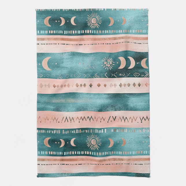 Rustic Celestial Stripe Moon Sun Earthy Tea Towel (Vertical)