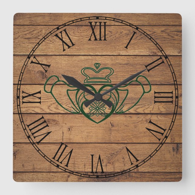 Rustic Celtic Claddagh Square Wall Clock (Front)