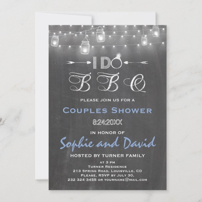 Rustic Chalk Mason Jars String Lights I DO BBQ Invitation (Front)
