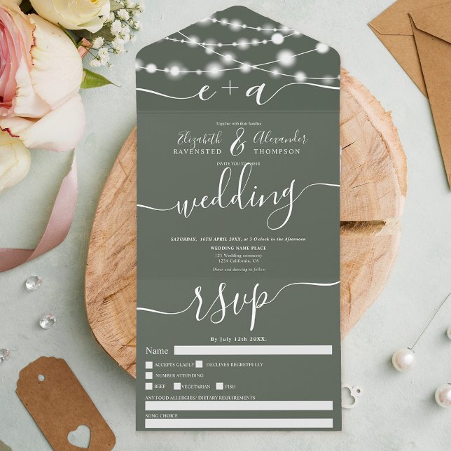 Rustic chalk string lights initials script wedding all in one invitation (Creator Uploaded)