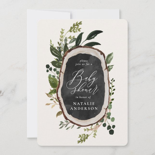 Rustic chalk + wood slice baby shower invitation (Front)