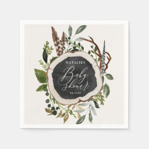 Rustic chalk + wood slice baby shower party napkin