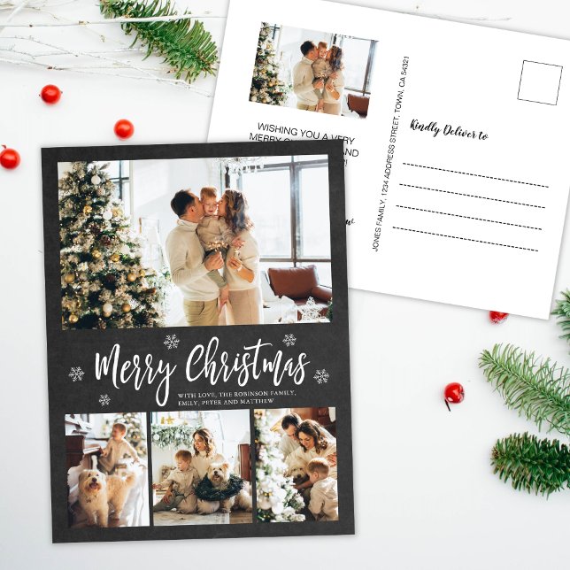 Rustic Chalkboard 4 Photo Collage Christmas Postcard (Creator Uploaded)