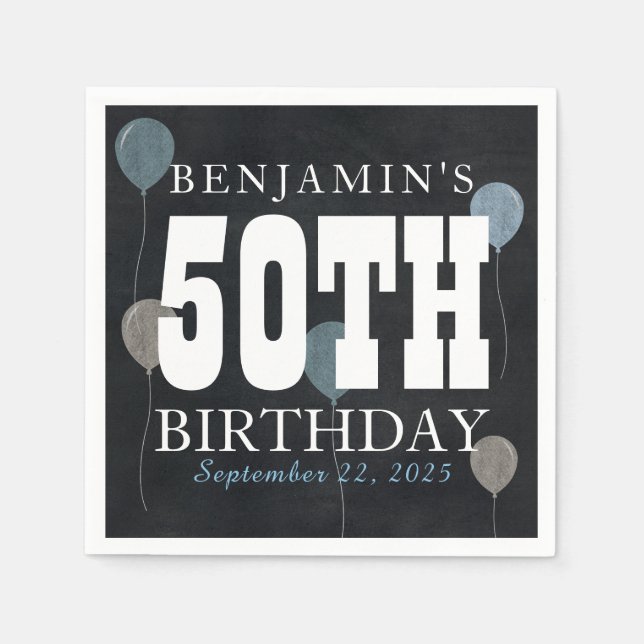 Rustic Chalkboard Blue Balloon Modern Birthday Napkin (Front)