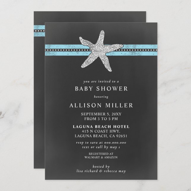 Rustic Chalkboard Blue Starfish Beach Baby Shower Invitation (Front/Back)
