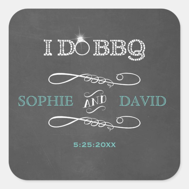 Rustic Chalkboard Burlap I DO BBQ Engagement Party Square Sticker (Front)